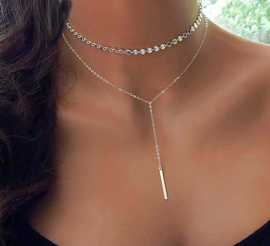 

Metal Rod Lasso Layered Necklace Copper Sequin Hanging Rod Tassel Necklace Female Models Show Collarbone Senior Chain Jewelry