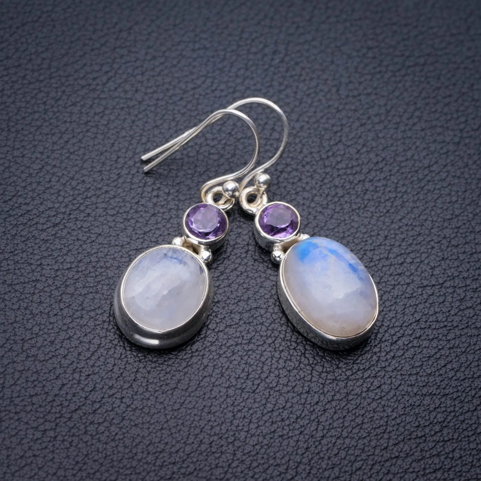 

StarGems натуральный цвет радуги лунный камень аметист ручной работы 925 пробы Серебряные серьги 1,5 "E1435