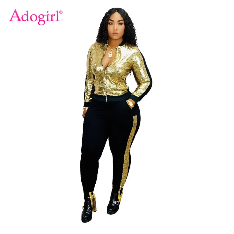 

Adogirl Sequins Patchwork Fashion Two Piece Set Zipper Long Sleeve Jacket Top Pockets Casual Pants Female Tracksuit Club Outfits