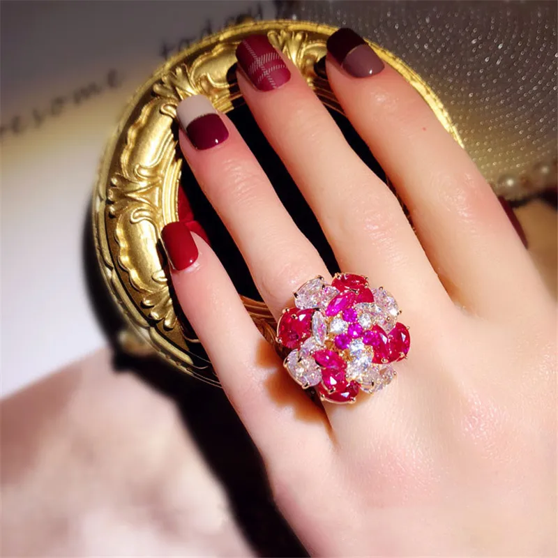 

WOMEN RINGS S925 SILVER ORIGINAL MULTI-LAYER RED FLOWER ROTATABLE OPEN RING HYPERBOLE CUBIC ZIRCONIA INDEX FINGER FINE JEWELRY