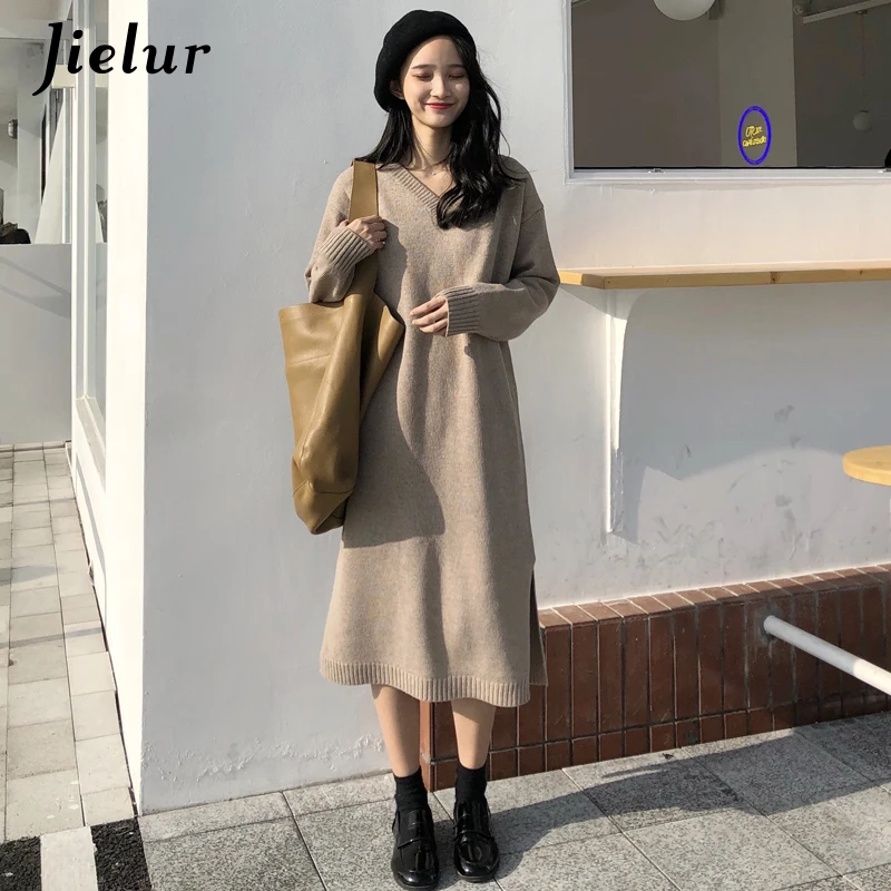 Jielur свитер платье для женщин Chic корейский Стиль Новый v образный вырез теплый
