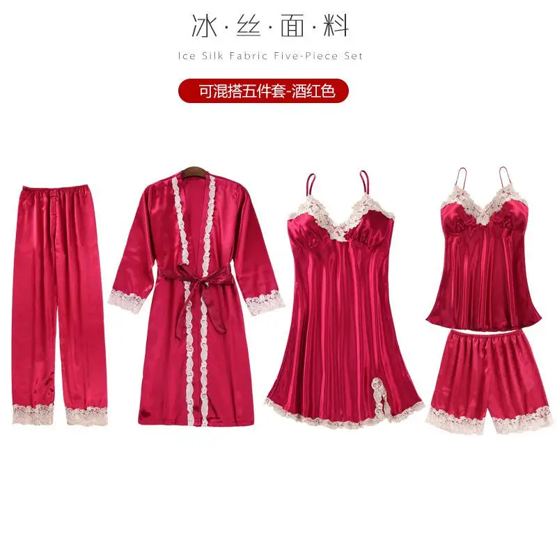 Женский Атласный халат, комплект из 5 предметов, комплект для сна, домашняя одежда для молодых девушек, интимное белье, летняя пикантная кружевная Пижама, женская одежда для сна - Цвет: 5PCS red