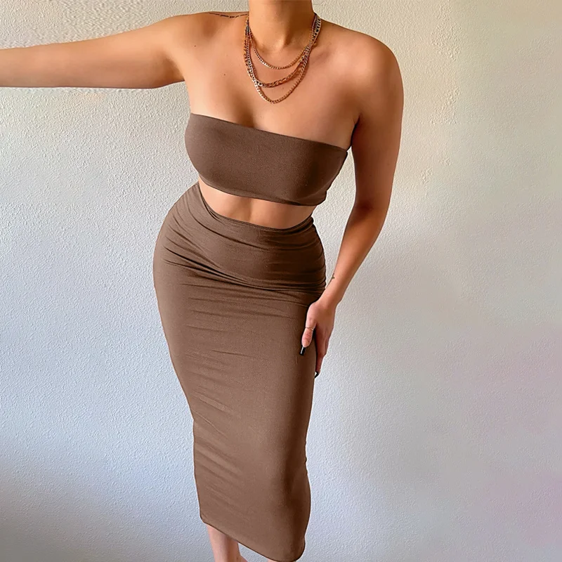 

CHRONSTYLE 2 Pieces Women Suits Clubwear Strapless Off Shoulder Tube Tops Cropped Tank Slim High Waist Long Maxi Skirts Summer