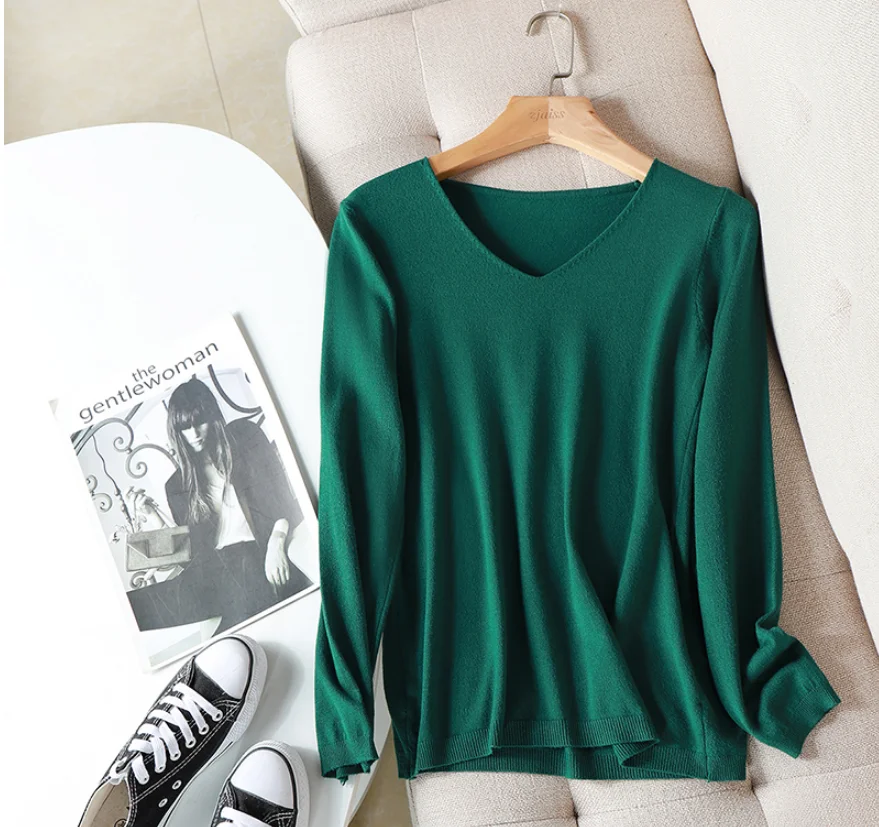 

2021 spring and autumn sweater knit pullover pullover V-neck oversized sweater women loose long sleeve sweater top