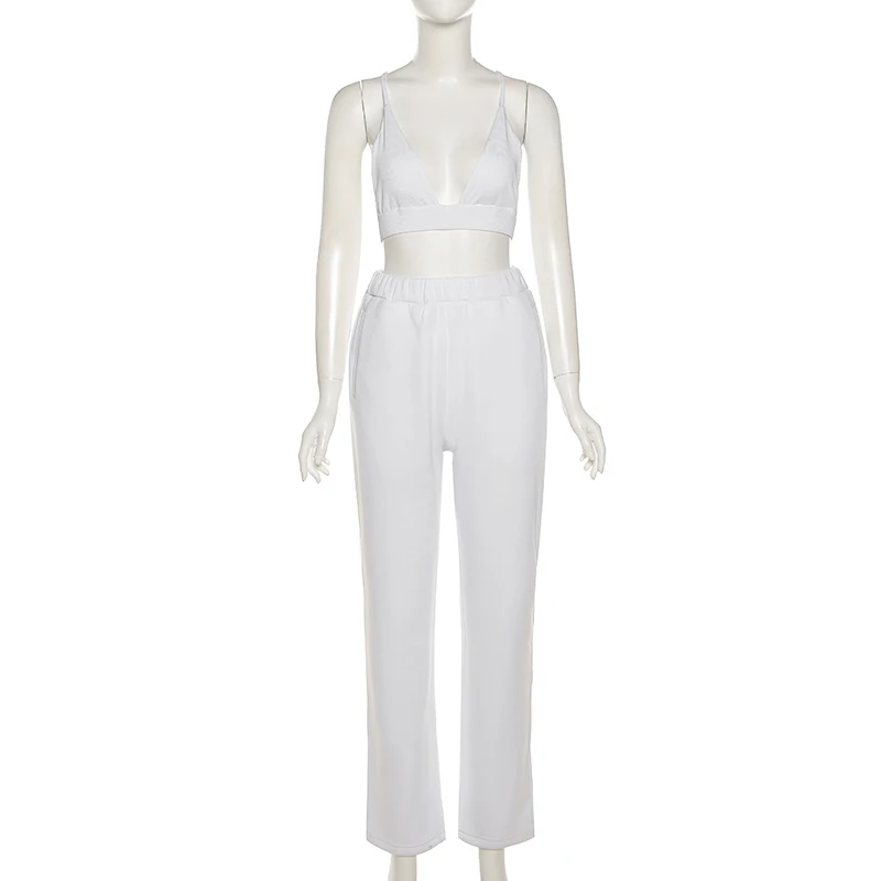 

Women 2 Piece Set Sporty Outfits White Straps Tank Top+Joggers High Waist Drawstring Harem Pants 2021Summer Casual Baggy Clothes