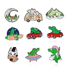 Отдых на природе с животными! Эмалированная брошь в виде мультяшного кота лягушки крокодила булавка для лацкана автобуса автомобиля НЛО ракеты горы Приключения значок