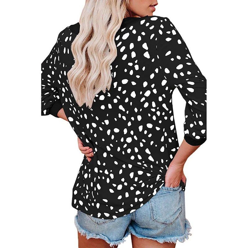 

New Winter Dress Coat Loose Cotton V-Neck Button Printing T-Shirt Top Female