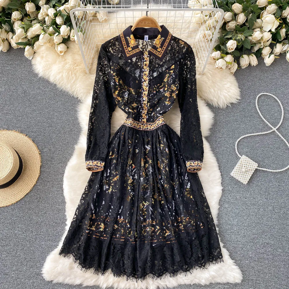 

Luxury Vintage Print Style Spring Autumn Elegant Women Turn Down Collar Wrist Sleeve Lace Patchwork A Line Dress Female Dresses