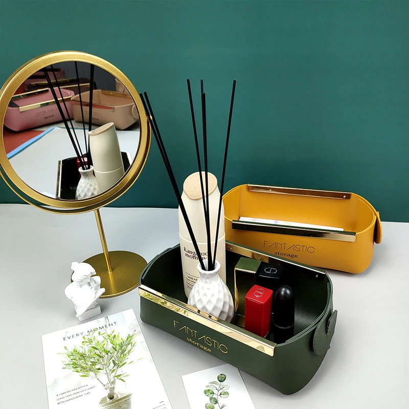 

Fashion Leather Metal Decorative Storage Box Household Folding Cosmetic Lipstick Storage Basket With Handle Sundry Key Storage