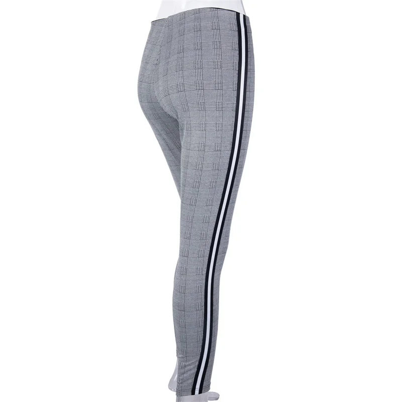 

Women Houndstooth Leggings High Waist Side Striped Plaid Office Pants Elastic Waist Skinny Trousers Pencil Pants Casual Joggers