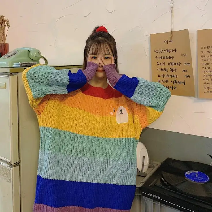 New cute bear expression embroidery vitality rainbow striped round neck knitted sweater | Женская одежда