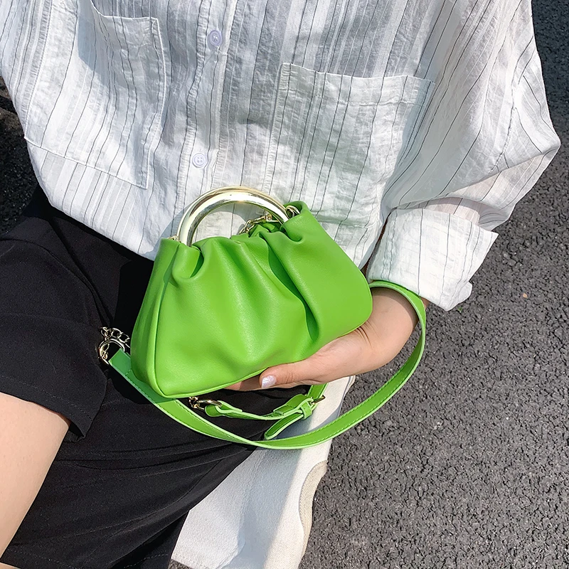 

Folds Design Iron Handle Small PU Leather Y2K Crossbody Bags for Women 2021 Summer Trend Female Branded Chain Shoulder Handbags