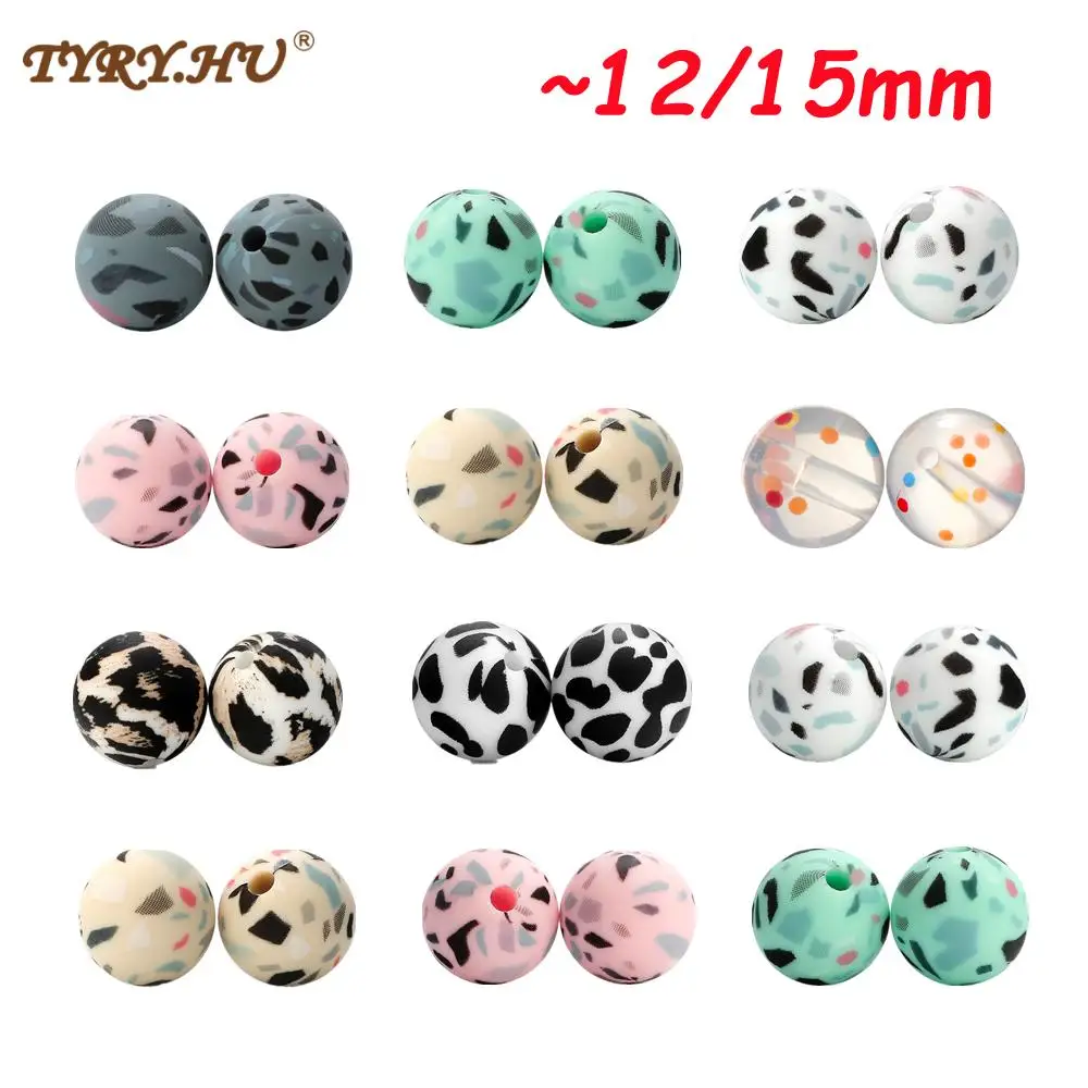 

TYRY.HU 12/15mm Silicone Beads 10pcs Leopard Print Baby Teether Teething Beads Tie-dye DIY Jewelry BPA Free Pacifier Clip Making