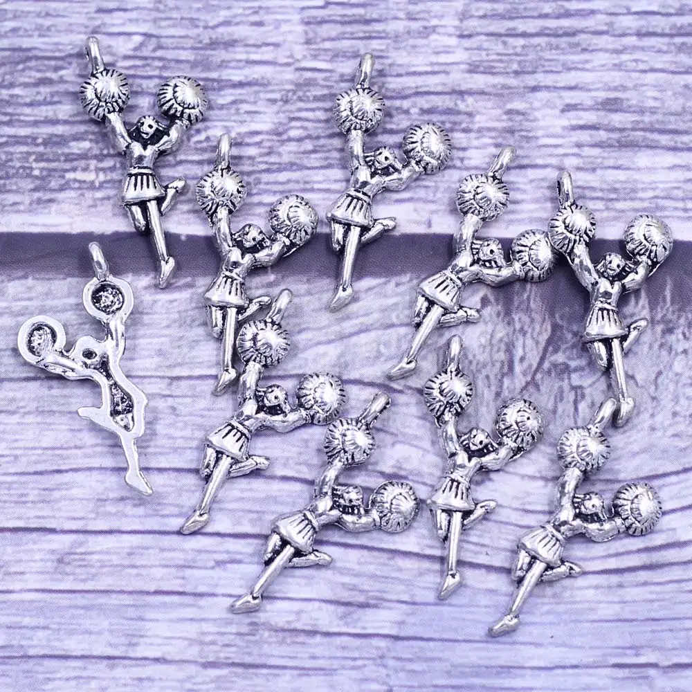 

10Pcs Pendants Lady Girl Cheerleader Silver Tone Zinc Metal Alloy Jewelry DIY Making Finding Charms 28x13mm