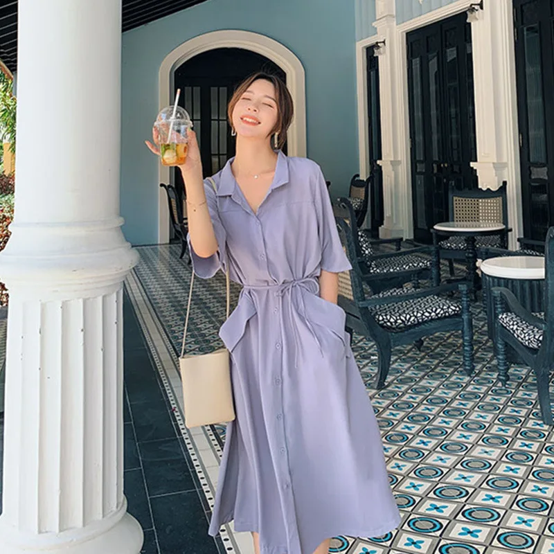

Large size women's 2021 summer new Korean loose waist show thin French temperament casual shirt dress