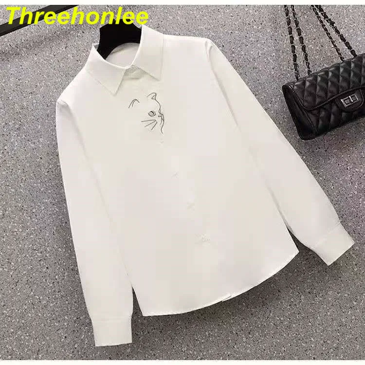 

Threehonlee 2021 Spring Two piece set Women Casual Elastic Knitted Vest +Single Breasted Cat White Shirt Office Suit 2 Piece Set