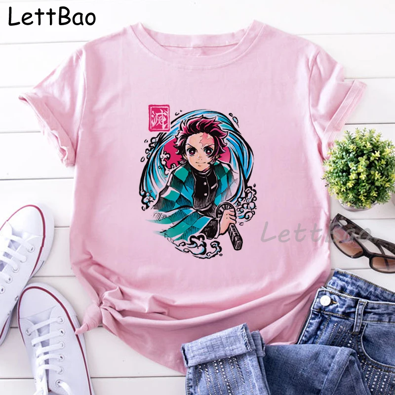 

Demons Slayers Print Pink Woman Tshirts Women's Summer Harajuku Fun Cute Anime Pattern Women Tops Casual Short Sleeve T-shirt
