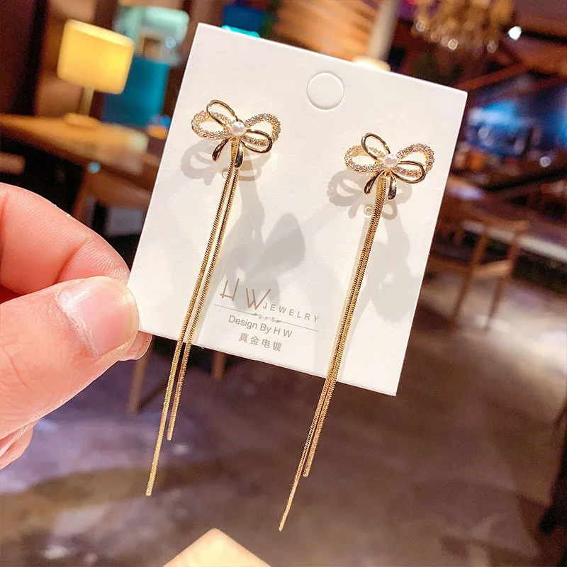 

Long Earrings Women Bow Tassel Earings Front and Back Crystal Bow Tassel Earrings Female Long Temperament Butterfly Earrings