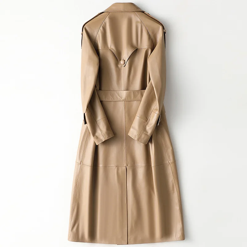 Elegant Women's Khaki Windbreaker High End Spring New Sheepskin Coat with Belt Slim Temperament Long Leather Jacket High Quality