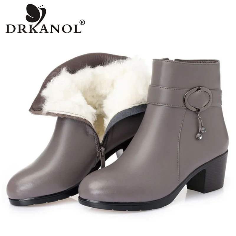 

DRKANOL Fashion Women Thick Heel Ankle Boots Winter Warm Wool Boots Elegant Metal Rhinestones Plus Velvet Casual High Heel Shoes