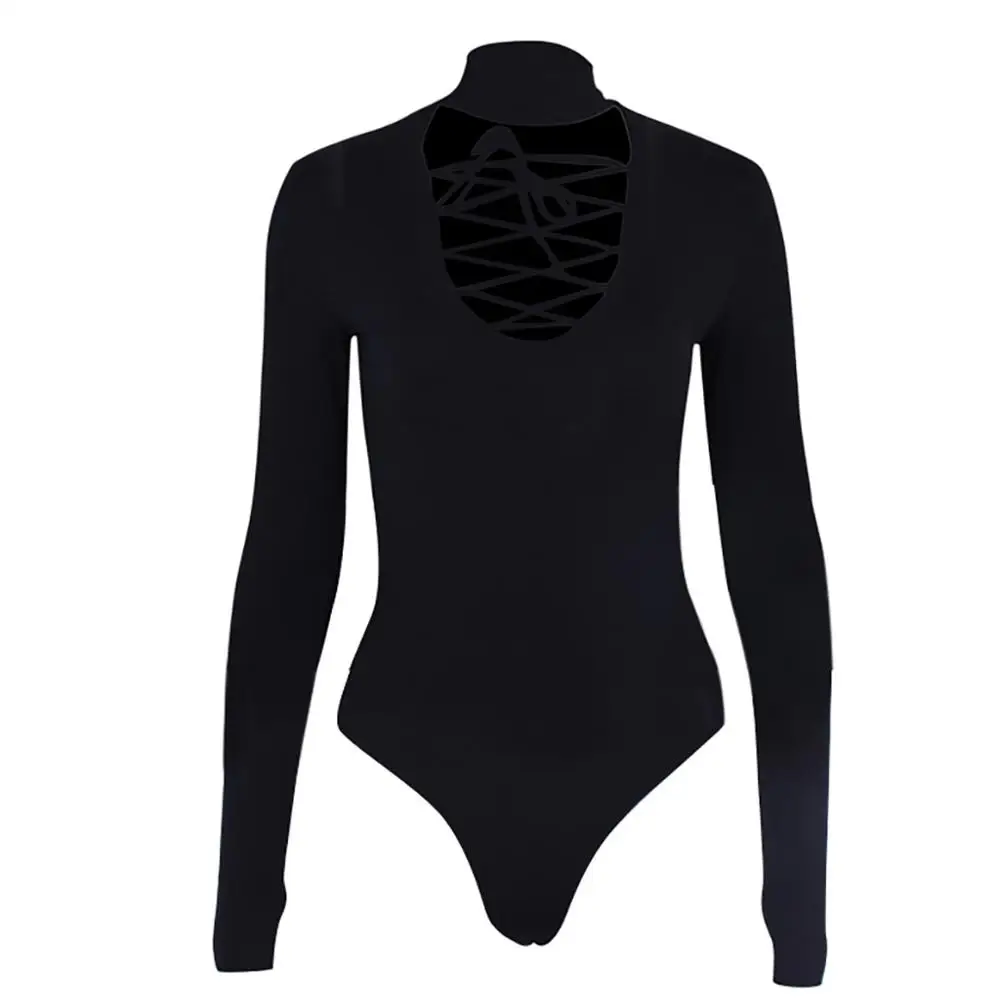 Женский комбинезон сексуальный глубокий v-образный вырез длинный рукав шнуровка