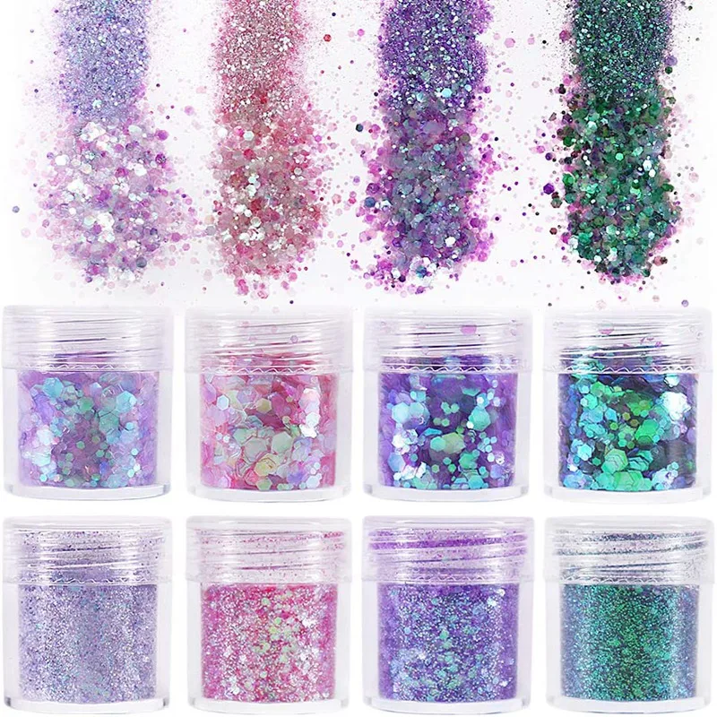 8 Pcs Glitter Sequins, Thick and Delicate Glitter Mixed Craft Body Face Hair Makeup Nail Art