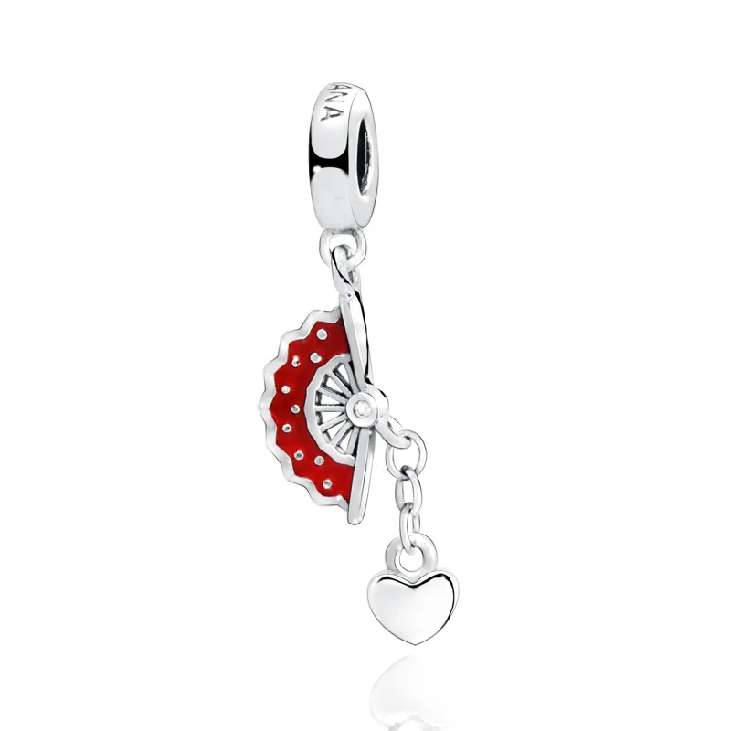 

2020 Hot Sale New 925 Sterling Silver Red Fan Pendant Heart Beads Fit Original Pandora Charms Bracelets Women DIY Jewelry Gift