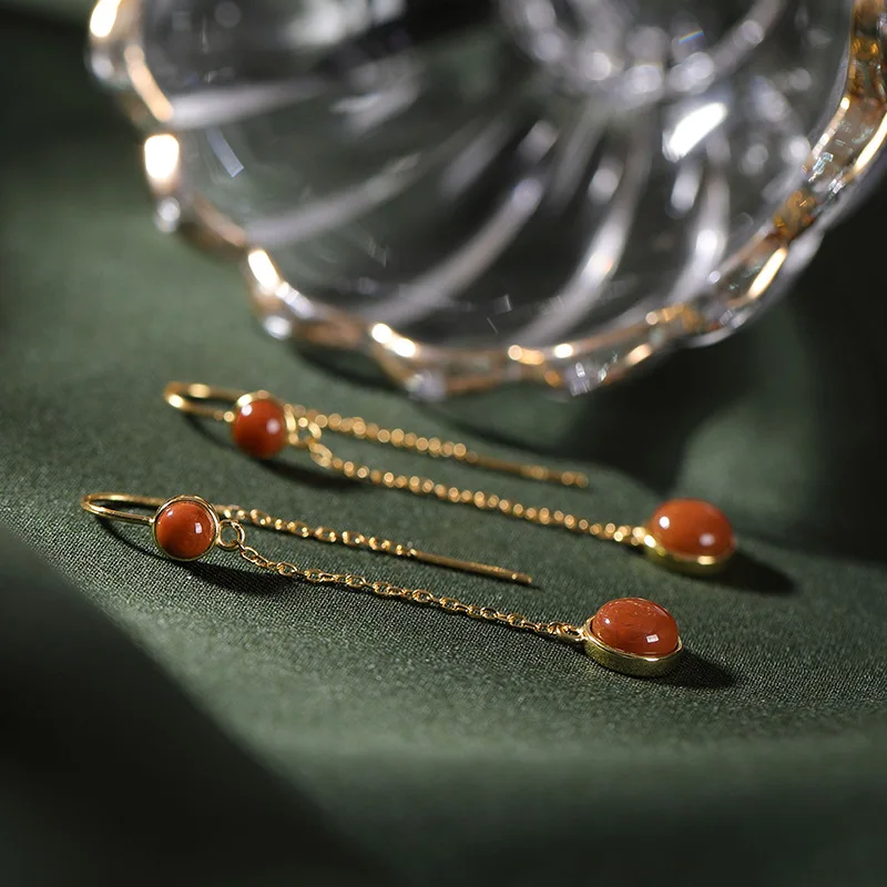 

JoyceJelly Drop Earrings for Women 925 Sterling Silver Gold South Red Agate Retro Long Earring Hook for Women Wedding Gifts 2020