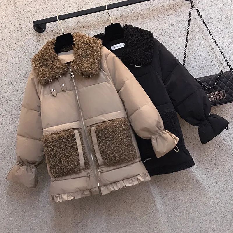 

Зимнее пальто, модные простые Лоскутные пальто из овечьей шерсти с отложным воротником и хлопковой подкладкой, повседневные женские теплые...