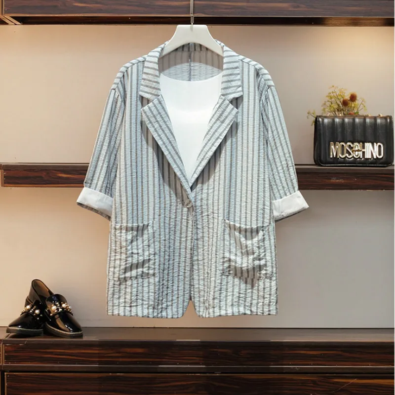 Летний полосатый комплект из трех предметов женский жилет размера плюс + куртка