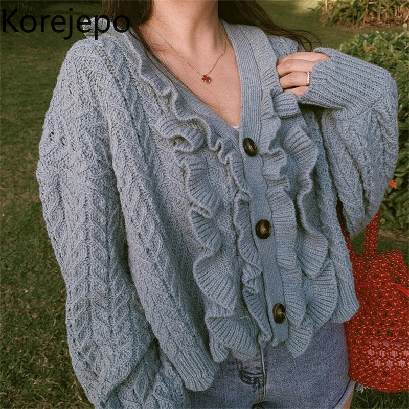 

Korejepo Women Knitted Cardigan 2021 Early Autumn New French Retro Sweet V-neck Ruffles Lantern Sleeves Haze Blue Gentle Sweater