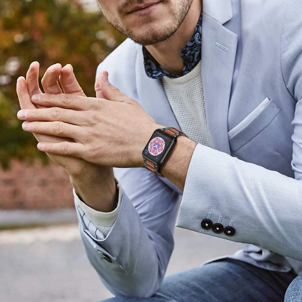 Деревянный ремешок для apple watch 44 мм 40 42 38 браслет из нержавеющей стали iwatch Apple series