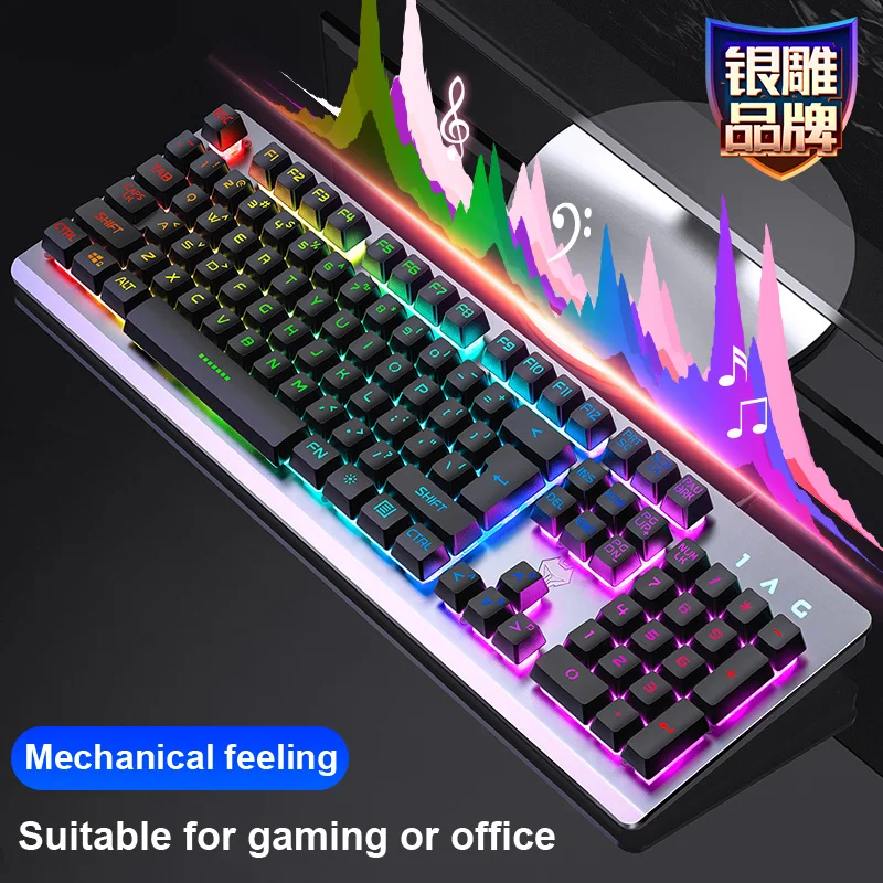 

104 Keys Gaming Keyboard Mouse Rainbow LED Backlit Mechanical Feeling Keyboards Pro Gaming Keyboard Mouse Combo Russian sticker