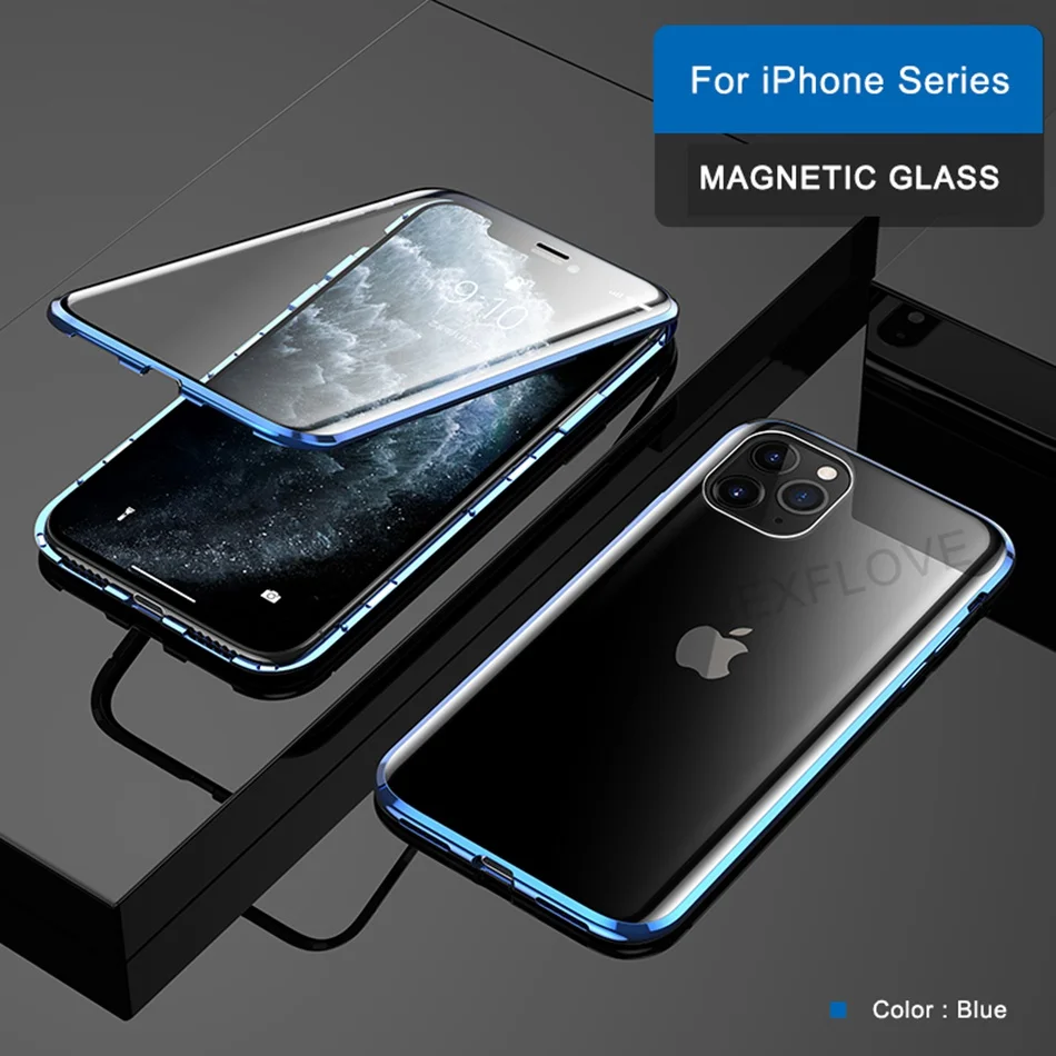 Blue Металлический чехол для iPhone 6 7 8 Plus X XS XR MAX чехол Магнитный 360 противоударный Закаленное стекло чехол для Apple iPhone 11 Pro Max чехлы - Цвет: Blue