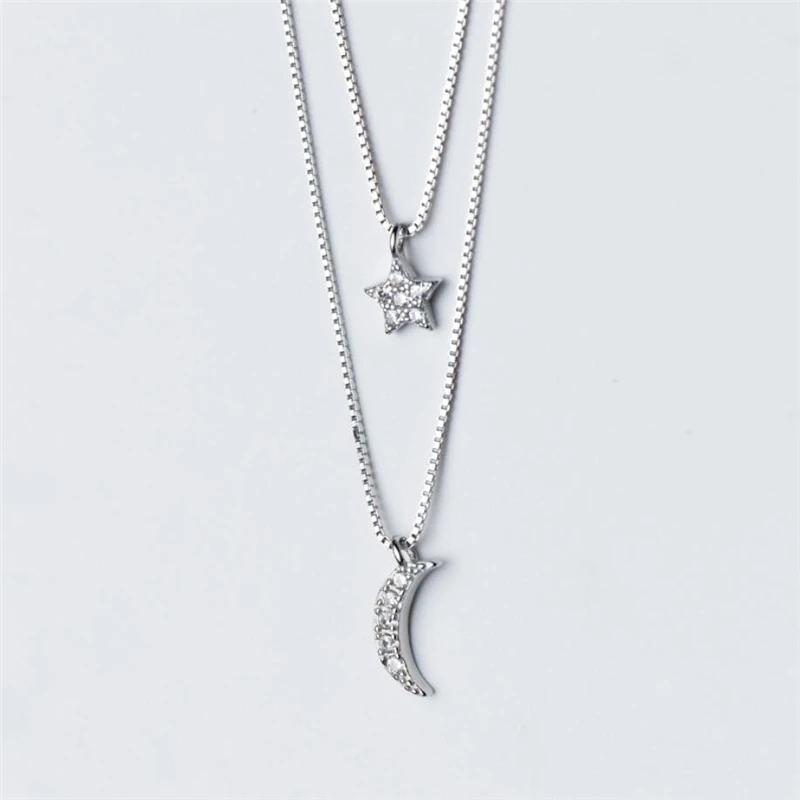 

Stars Moon Double Layer Korean Zircon Silver Color Temperament Personality Fashion Female Jewelry Necklace SNE014