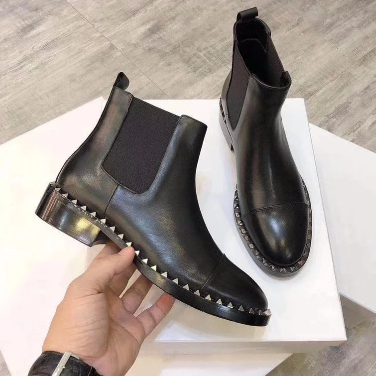 Популярные ботинки женские кожаные ботильоны Zapatos De Mujer с заклепками эластичные