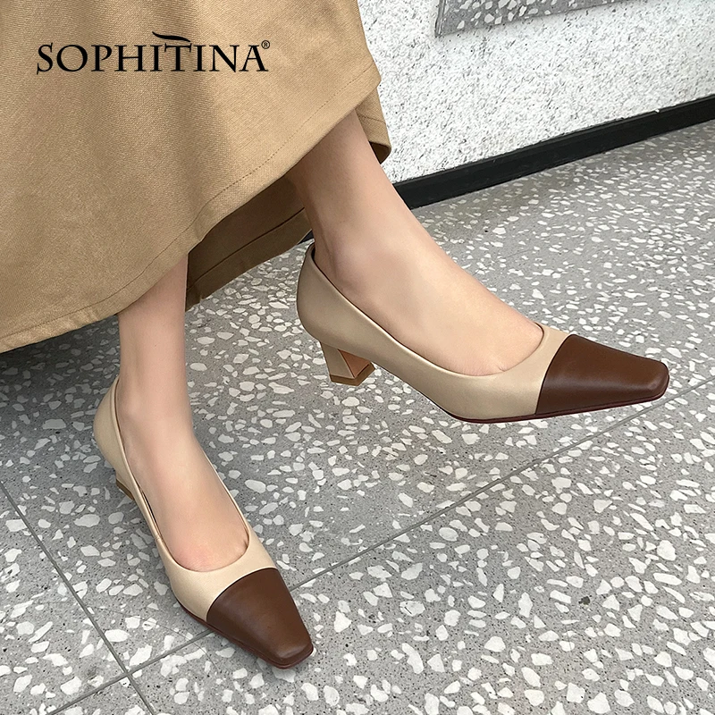 

Женские туфли-лодочки SOPHITINA, лаконичная кожа, высокий толстый каблук, лоскутные, универсальная удобная модная обувь, DO381, весна