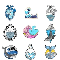 novelty wave pins ocean sea wave brooches organ heart light bulb whale sun badges blue wave enamel pin lapel pins collection