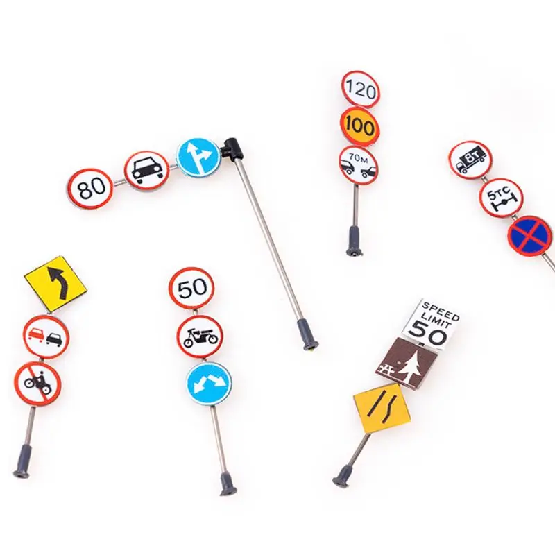 

6pcs/set 1/87 Scale Model Mini Traffic Signs DIY Micro Landscape Decor Road Signs Building Sand Table Model Accessories