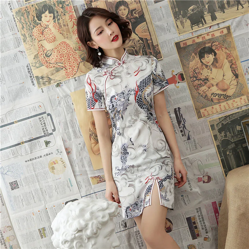 Традиционное китайское платье Qipao для женщин с рисунком дракона и журавля тонкие