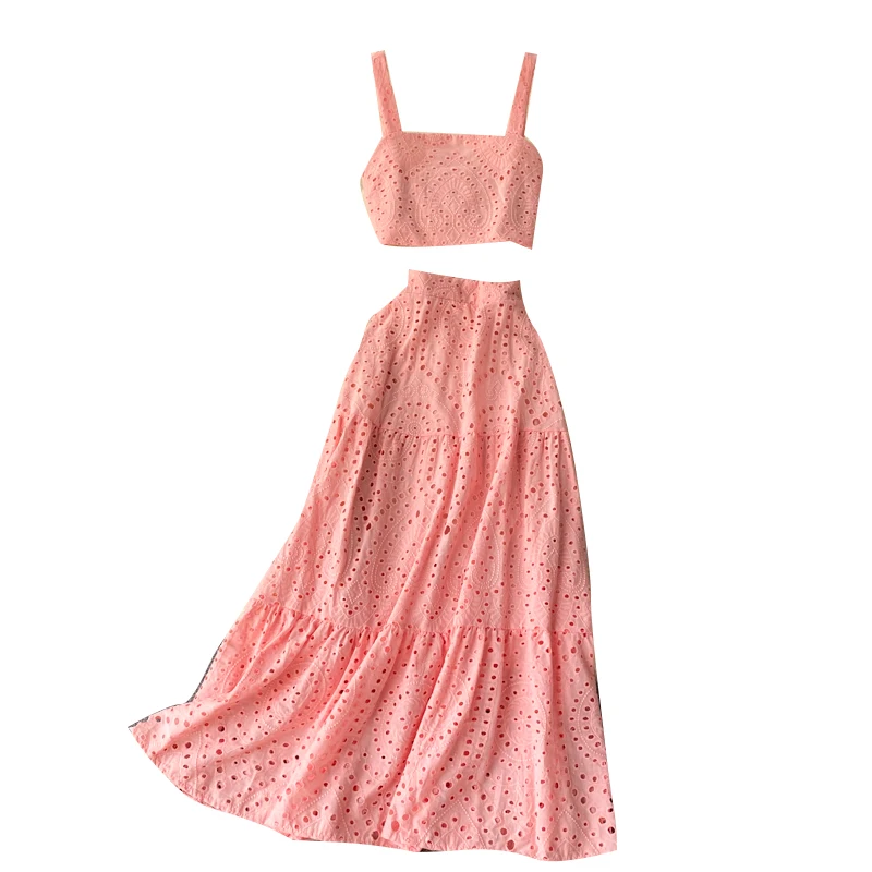 

Женский комплект из двух предметов, ажурный костюм с юбкой для отпуска, укороченный топ на бретельках и длинная юбка с высокой талией, лето ...