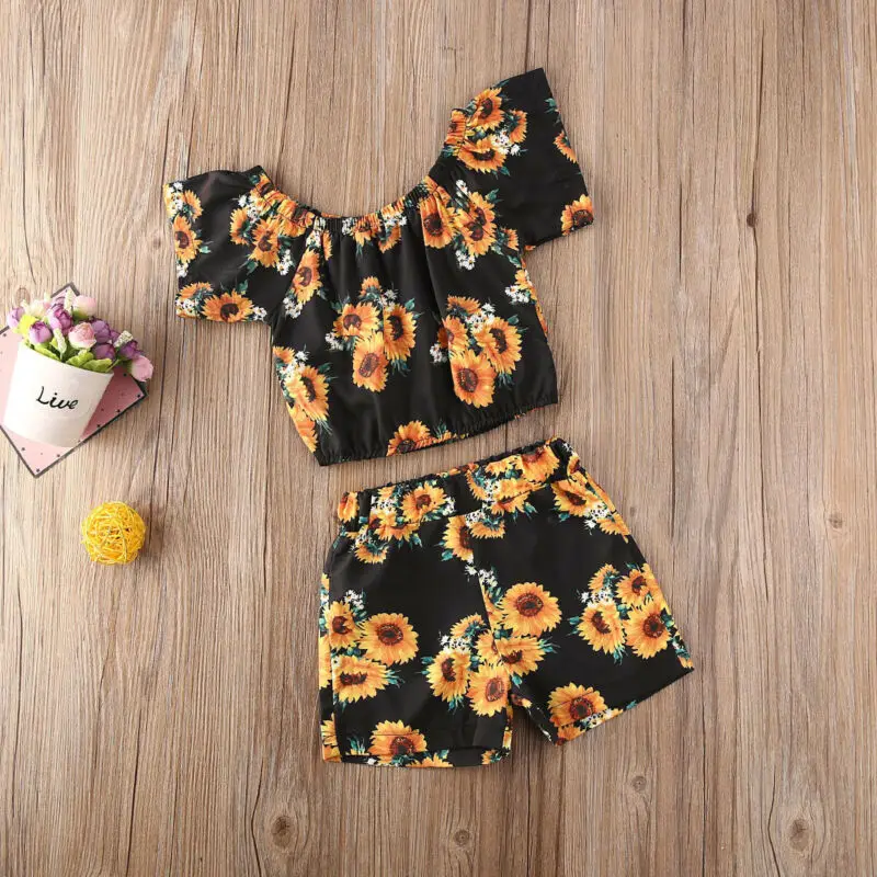 

Summer Toddler Baby Girl Sunflower Clothes Outfit Crop Tops T-Shirt Shorts Pants
