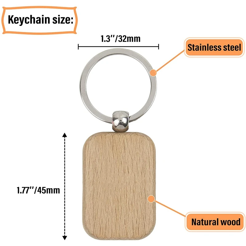 60Pcs Blank Rounded Rectangle Wooden Keychain Diy Key Tag Can Be Engraved Gift | Chains