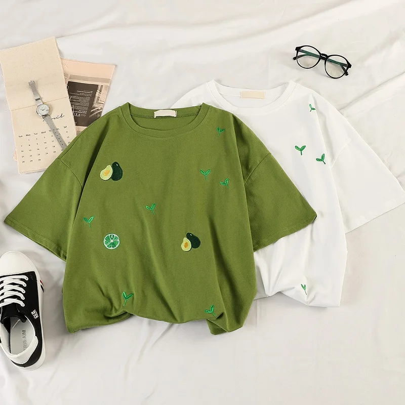 

Korean Graphic t shirts for women Harajuku short sleeve Cartoon embroidery T Shirt 2021 Summer Kawaii Female casual Tops T-Shirt