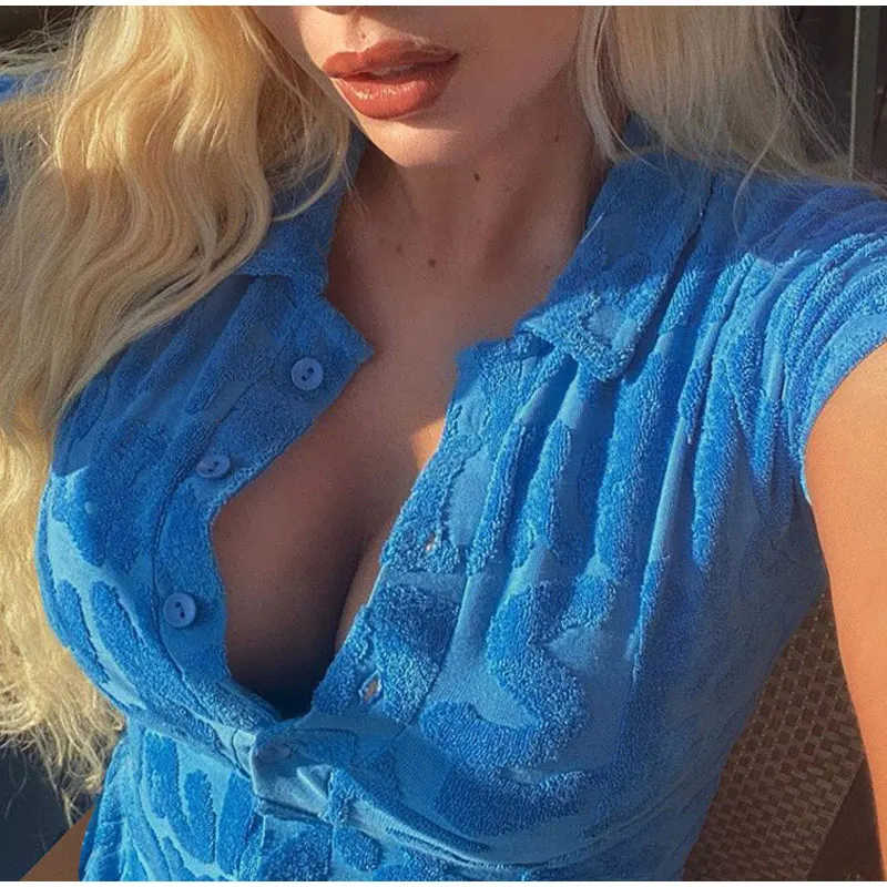 

Female Casual Solid Summer Women Short Tee Cropped Women's Short Sleeve Crop Top Fashion Button Up Turn-Down Collar Shirts