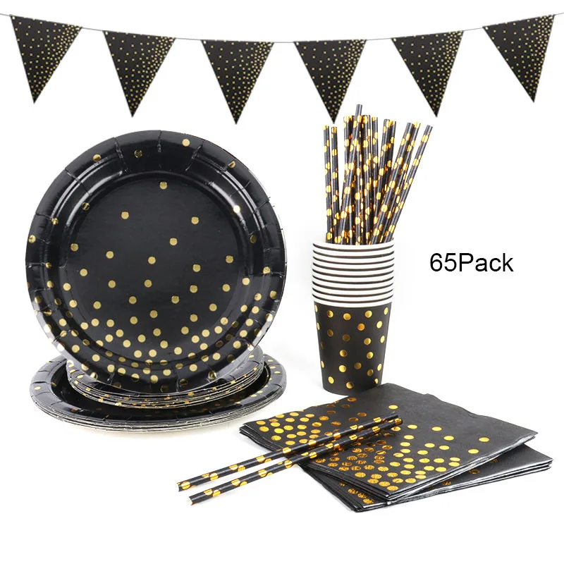 

Black Dot Disposable Tableware Set Paper Cup Plate Banner Black Gold Theme Birthday Party Decoration Adult Birthday Supplies