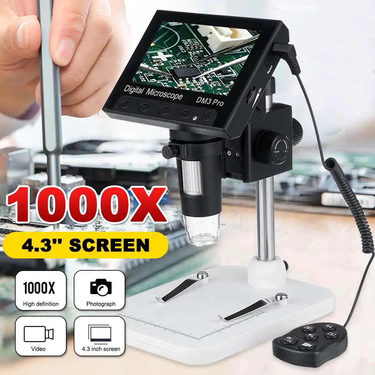 

1 Pc Portable 8 LED Magnifier 1000x 2.0MP Digital Microscope Electronic Video Microscope 4.3 inch HD LCD Soldering Microscope