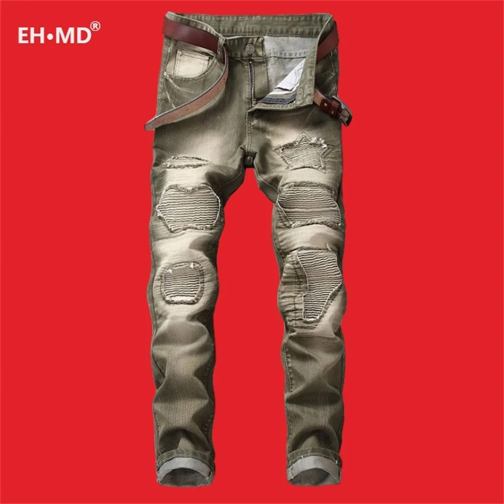 EH·MD® Pleated Hole Patch Army Green  Jeans Men's Cotton Soft Small Straight High Street Personalized Slim Pants Motorcycle New