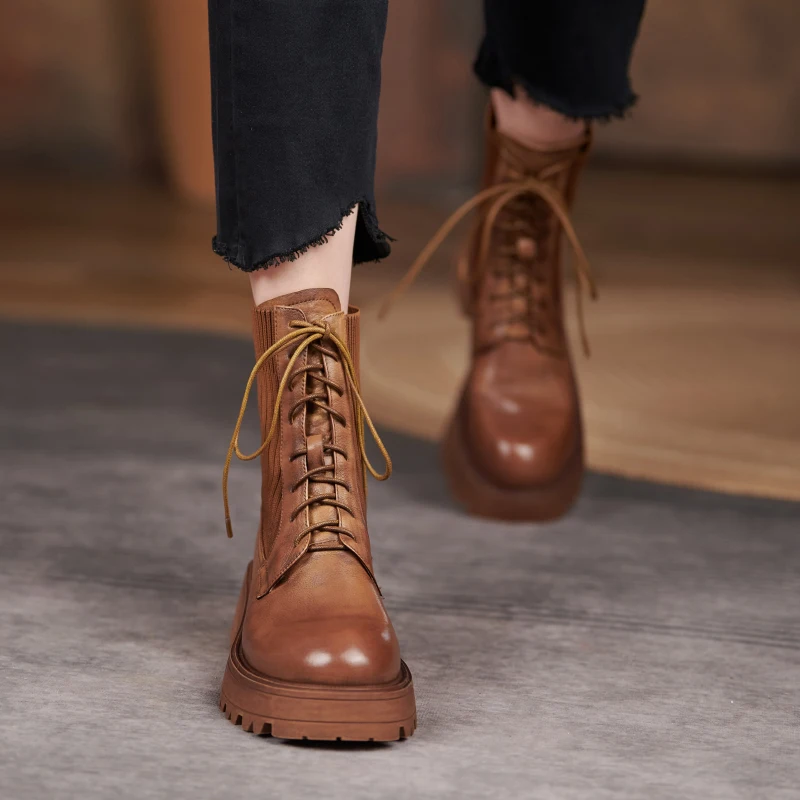 

Fashion Casual Chunky Short Tube Motorcycle Boots For Women Winter Autumn Fashion Round Toe Lace-up Combat Boots Ladies Shoes