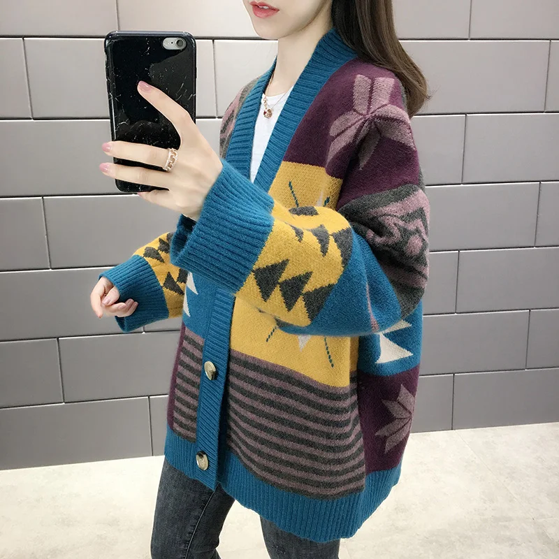 

Sweater cardigan thickened mid-length spring and autumn 2020 new diamond-shaped Korean loose knit lazy style jacket women